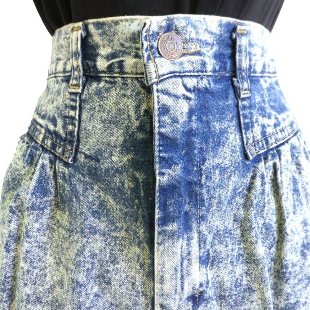 Vintage 80s Cherokee Acid Wash Blue Jean Skirt Pockets Hip Yoke Detail Cotton 26
